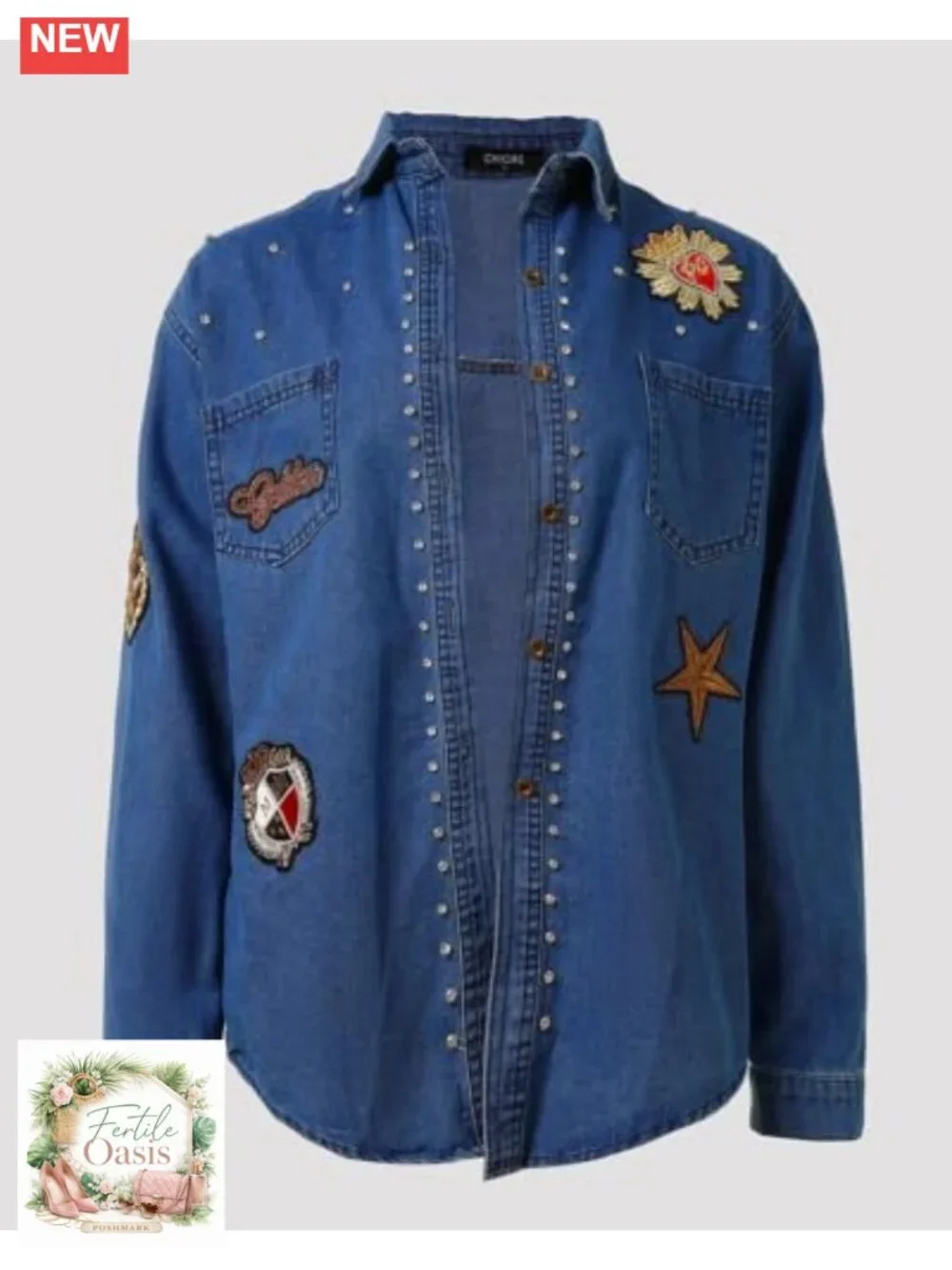 Oversized Rhinestone Denim Shacket Embroidered Patches Jacket